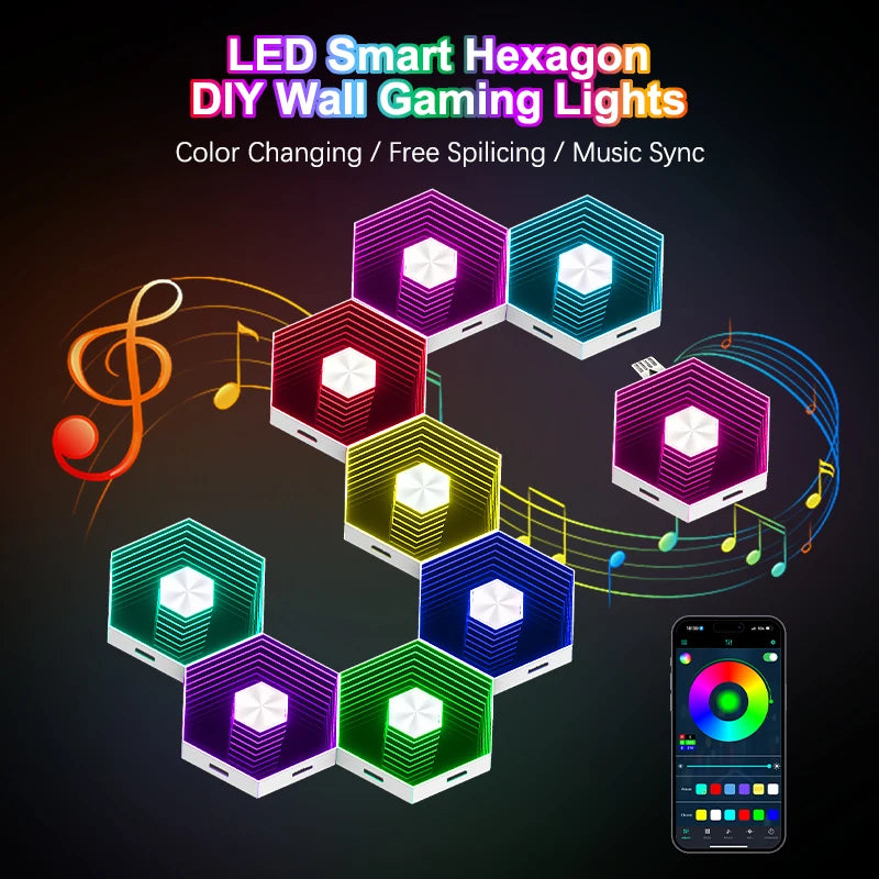QuantumWall RGB™ Pro – Lampe Murale Hexagonale LED, Contrôle Bluetooth & Télécommande, Synchronisation Musicale, DIY