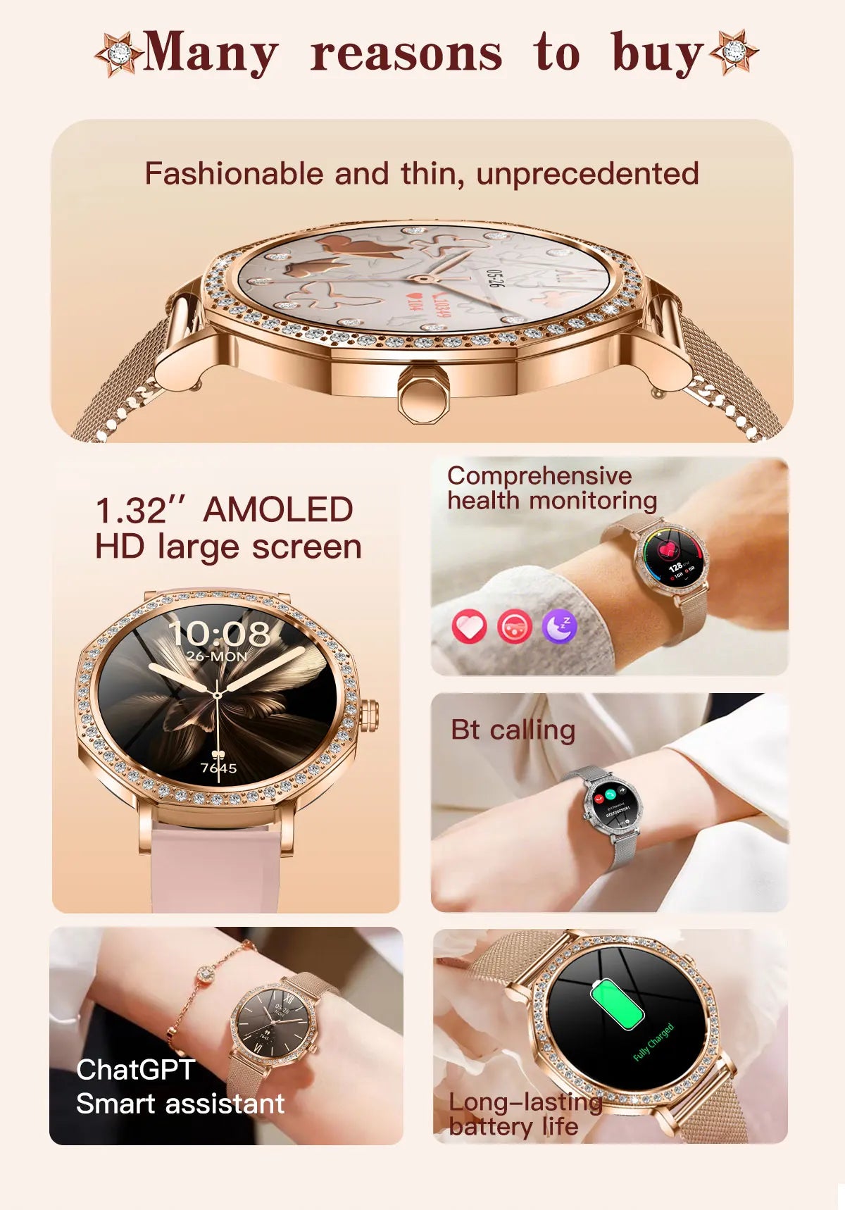 LunaWatch X™ ChatGPT – Montre Connectée Femme AMOLED 1.32", Cadran Diamant, IP68, ChatGPT, Appels BT