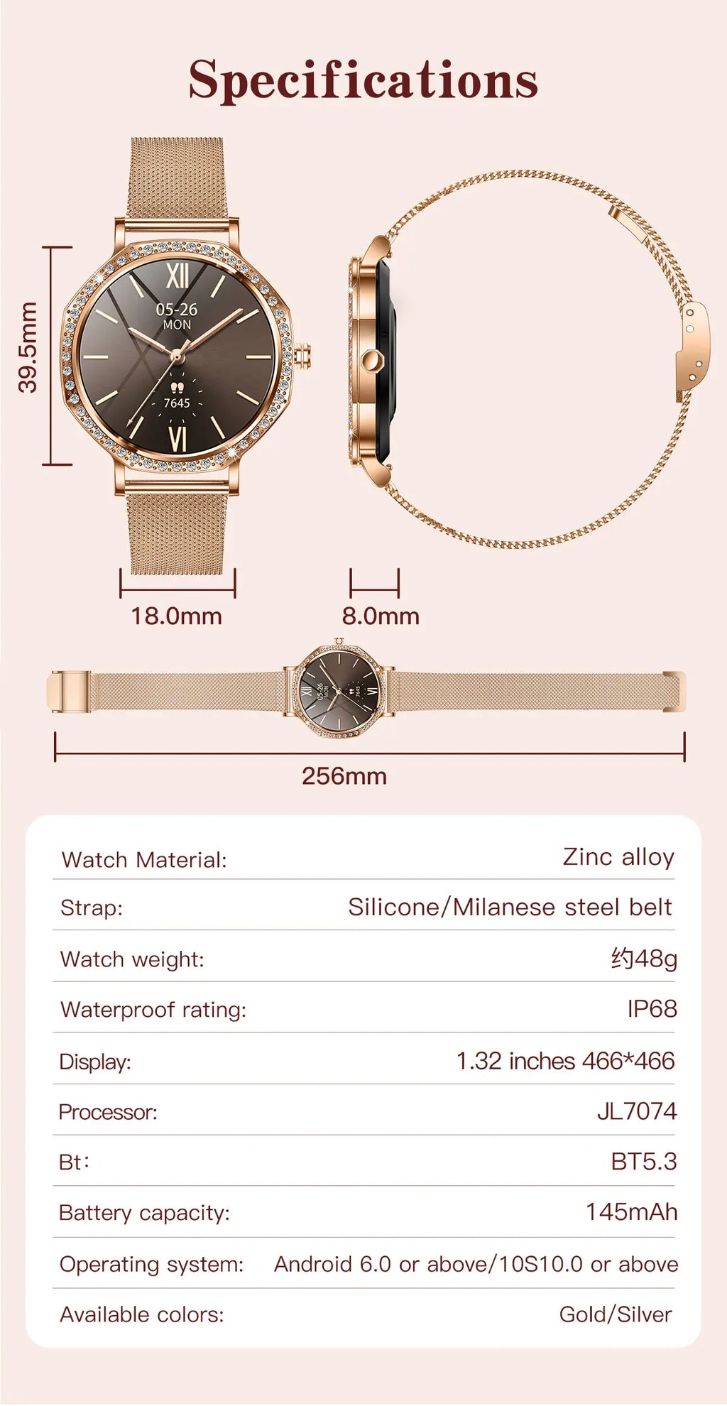 LunaWatch X™ ChatGPT – Montre Connectée Femme AMOLED 1.32", Cadran Diamant, IP68, ChatGPT, Appels BT