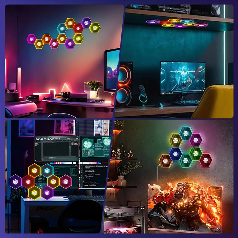 QuantumWall RGB™ Pro – Lampe Murale Hexagonale LED, Contrôle Bluetooth & Télécommande, Synchronisation Musicale, DIY