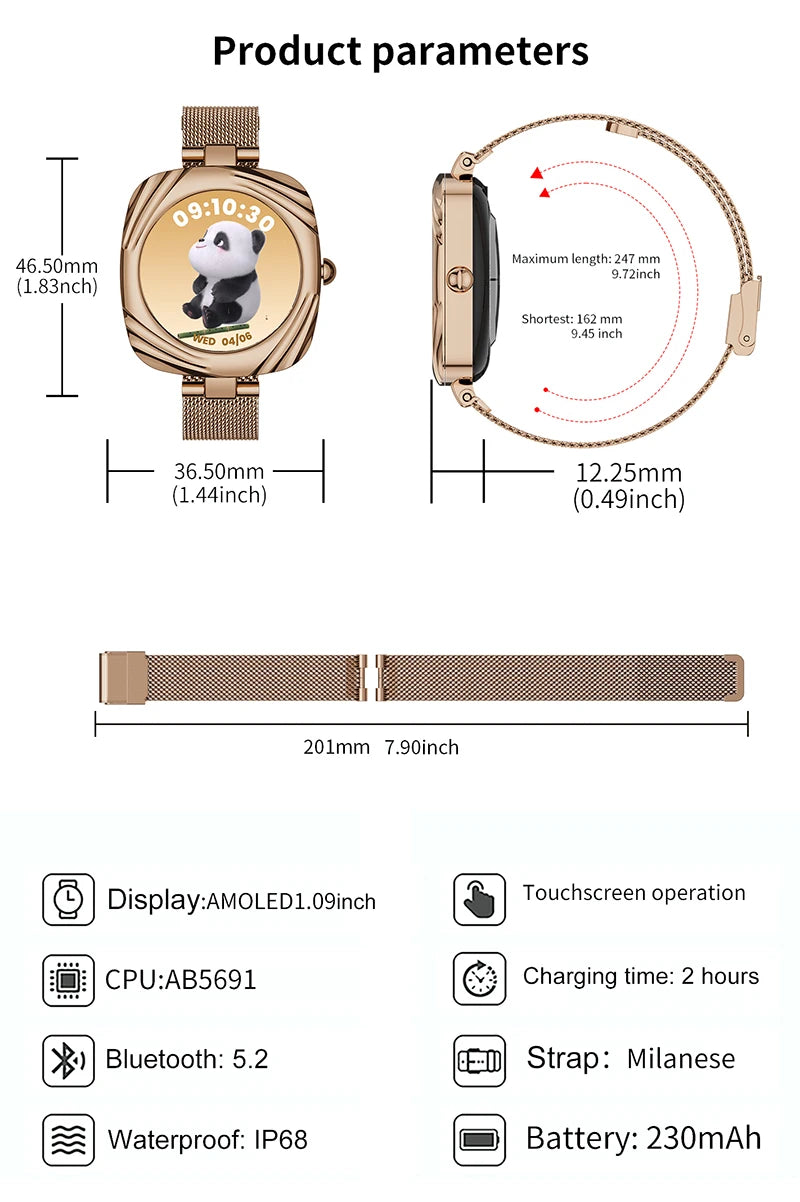 LunaWatch X™ Lady Slim – Montre Connectée Femme AMOLED 1.09", GPS, IP68, FC, SpO2, Appels BT