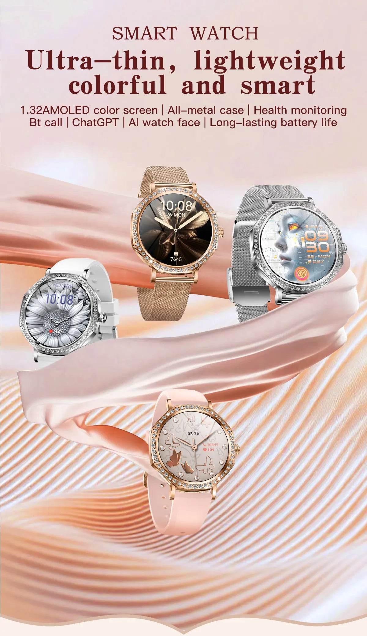 LunaWatch X™ ChatGPT – Montre Connectée Femme AMOLED 1.32", Cadran Diamant, IP68, ChatGPT, Appels BT