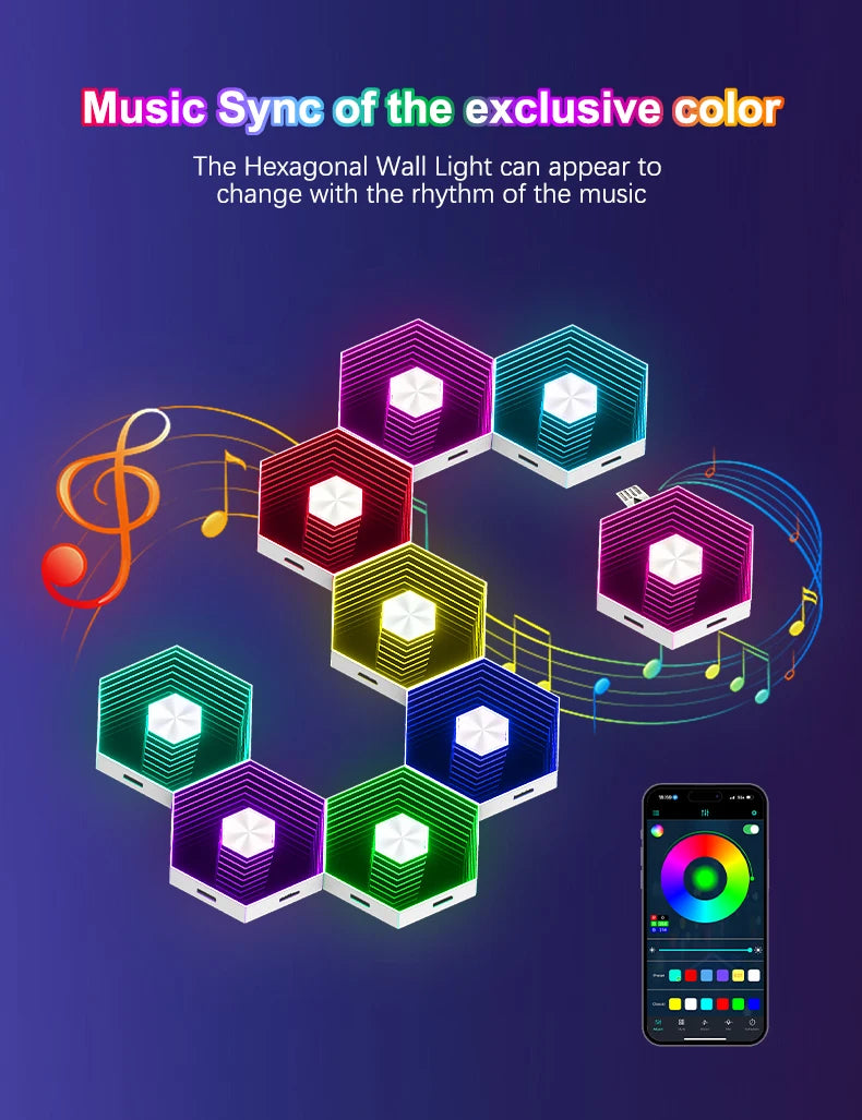 QuantumWall RGB™ Pro – LED-Hexagonale Wandleuchte, Bluetooth- & Fernbedienung, Musiksynchronisation, DIY