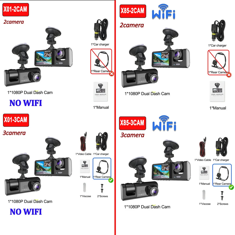 1080P WiFi Car Dvr 2/3 Camra DashCam for Cars Camera for Vehicle Recorder Video Front Optional Rear Camera  Night Vision Dashcam