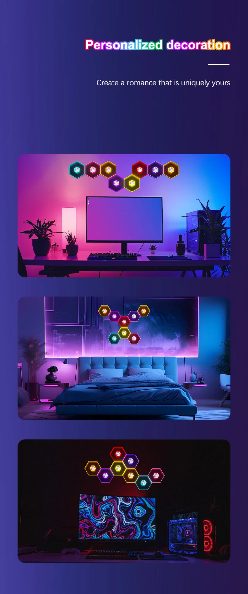 QuantumWall RGB™ Pro – LED-Hexagonale Wandleuchte, Bluetooth- & Fernbedienung, Musiksynchronisation, DIY