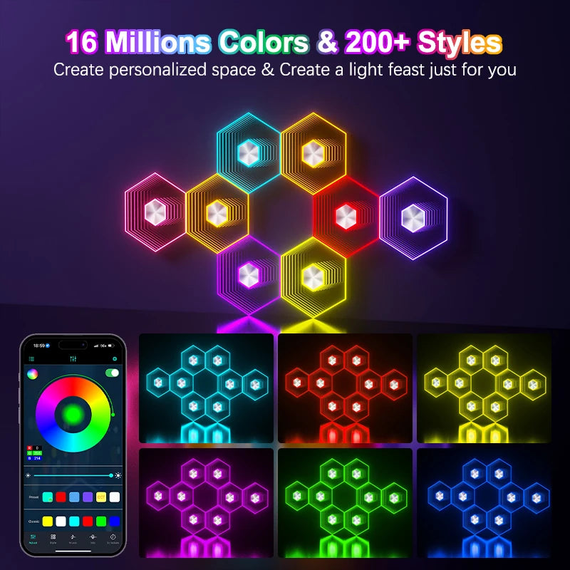QuantumWall RGB™ Pro – LED-Hexagonale Wandleuchte, Bluetooth- & Fernbedienung, Musiksynchronisation, DIY