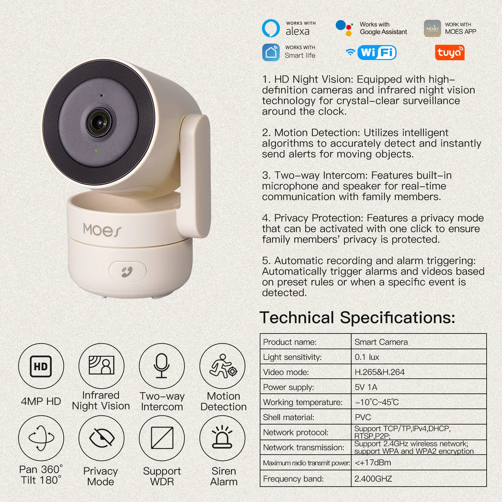 HomeGuard Pro™ – Caméra de Sécurité WiFi Intérieure 4MP, Rotation 360°, Vision Nocturne, Détection Mouvement & Son