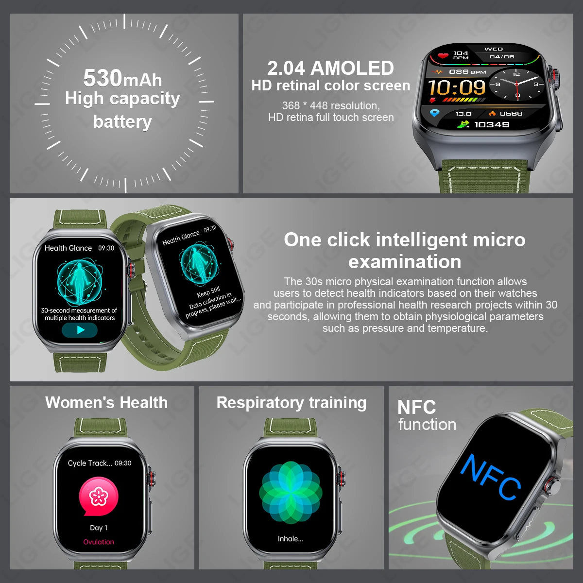 LunaWatch X™ Pro 2.04" – Montre Connectée AMOLED, ECG, NFC, Composition Corporelle, IP68, 7 Bracelets