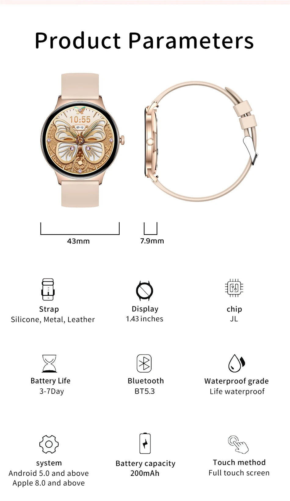 LunaWatch X™ Lady 466 – Montre Connectée Femme AMOLED 1.43", Always On, Appels BT, Santé Féminine, 9 Coloris