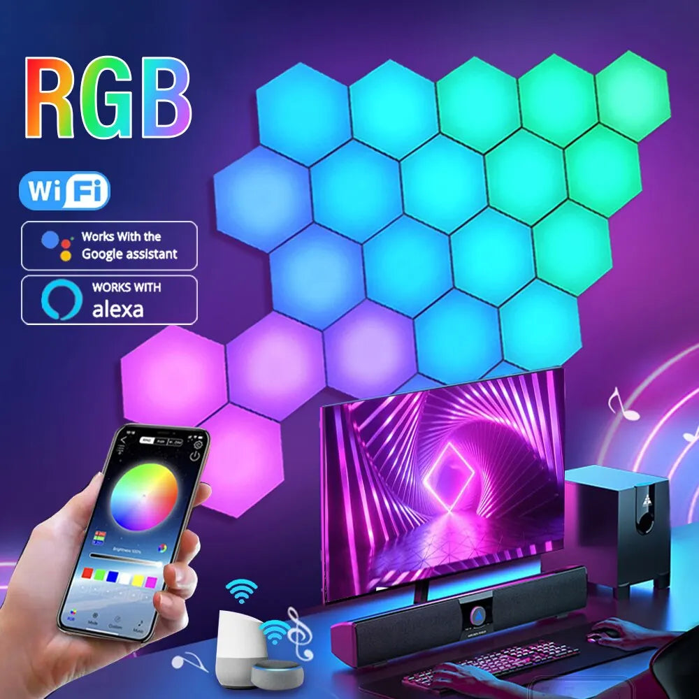 HexaGlow RGB™ Pro – Lampe Murale Hexagonale Connectée, Contrôle WiFi & BT, Synchronisation Musicale, DIY