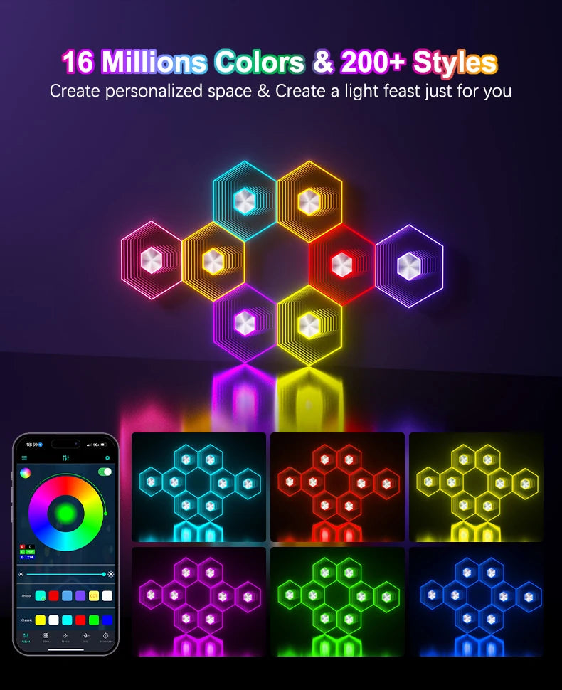 QuantumWall RGB™ Pro – LED-Hexagonale Wandleuchte, Bluetooth- & Fernbedienung, Musiksynchronisation, DIY