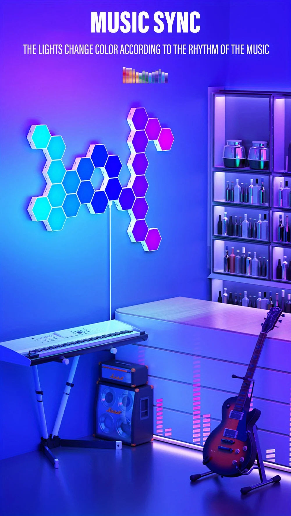 HexaGlow RGB™ Pro – Lampe Murale Hexagonale Connectée, Contrôle WiFi & BT, Synchronisation Musicale, DIY
